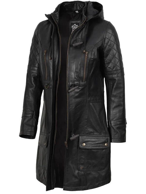 Women’s Black 3/4 Length Leather Coat With Hood
