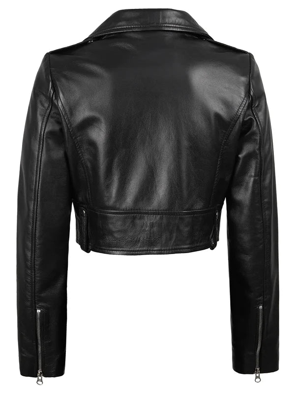 Colleen Women’s Cropped Black Biker Style Leather Jacket