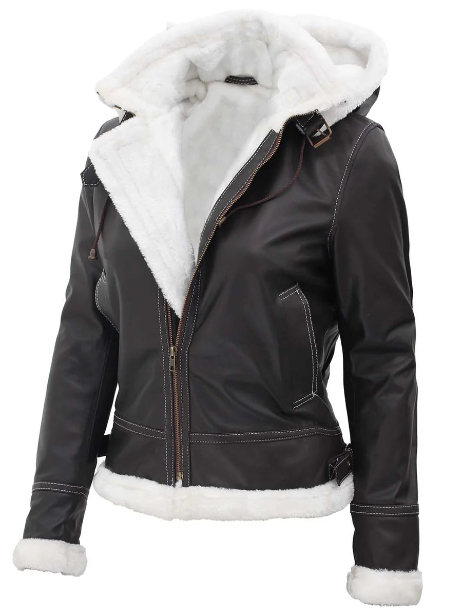 Womens Shearling Dark Brown Bomber Leather Jacket with Removable Hood