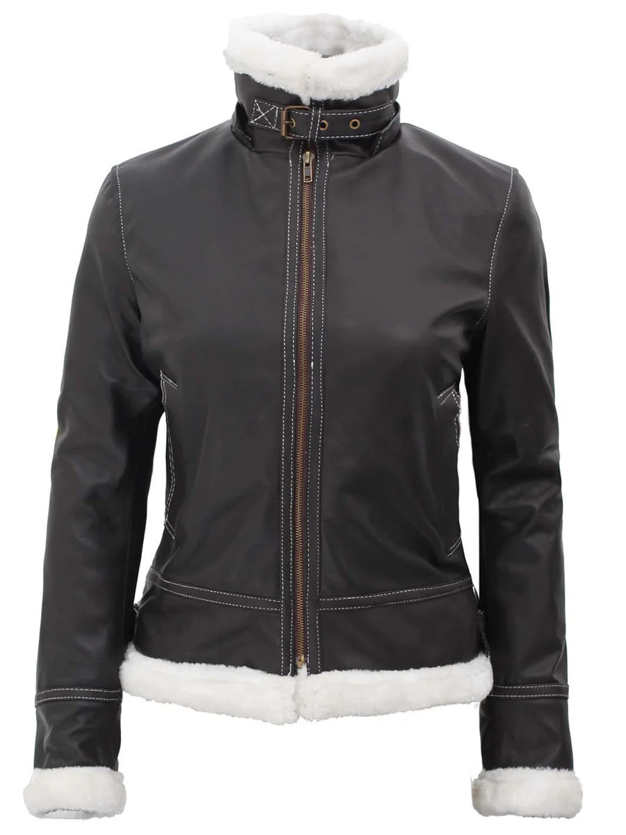 Womens Shearling Dark Brown Bomber Leather Jacket with Removable Hood
