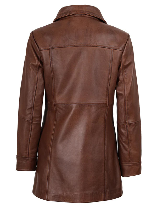 Kandis Women's Cognac Brown Leather Car Coat