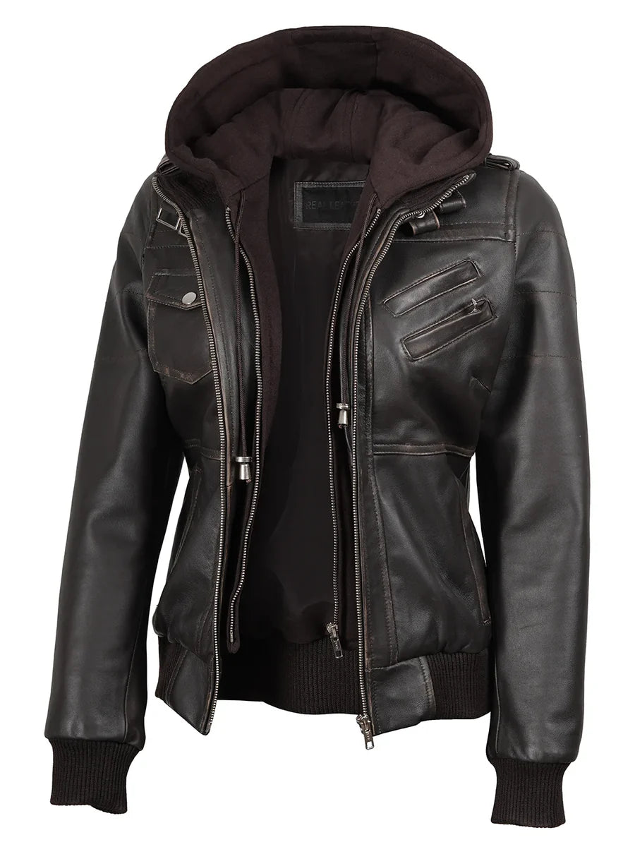Women's Dark Brown Rub Off Leather Jacket with Removable Hood