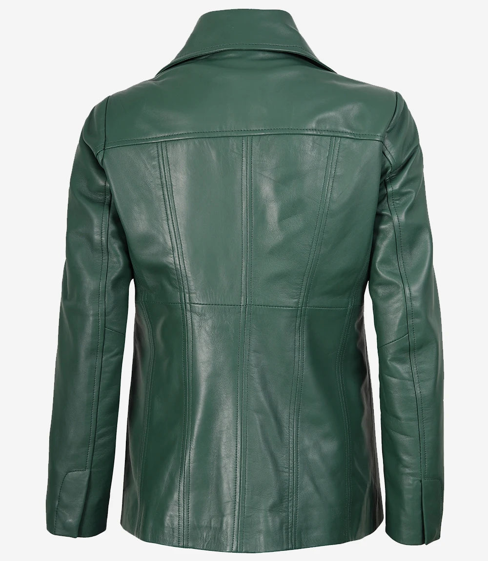 Womens Three Button Green Leather Blazer