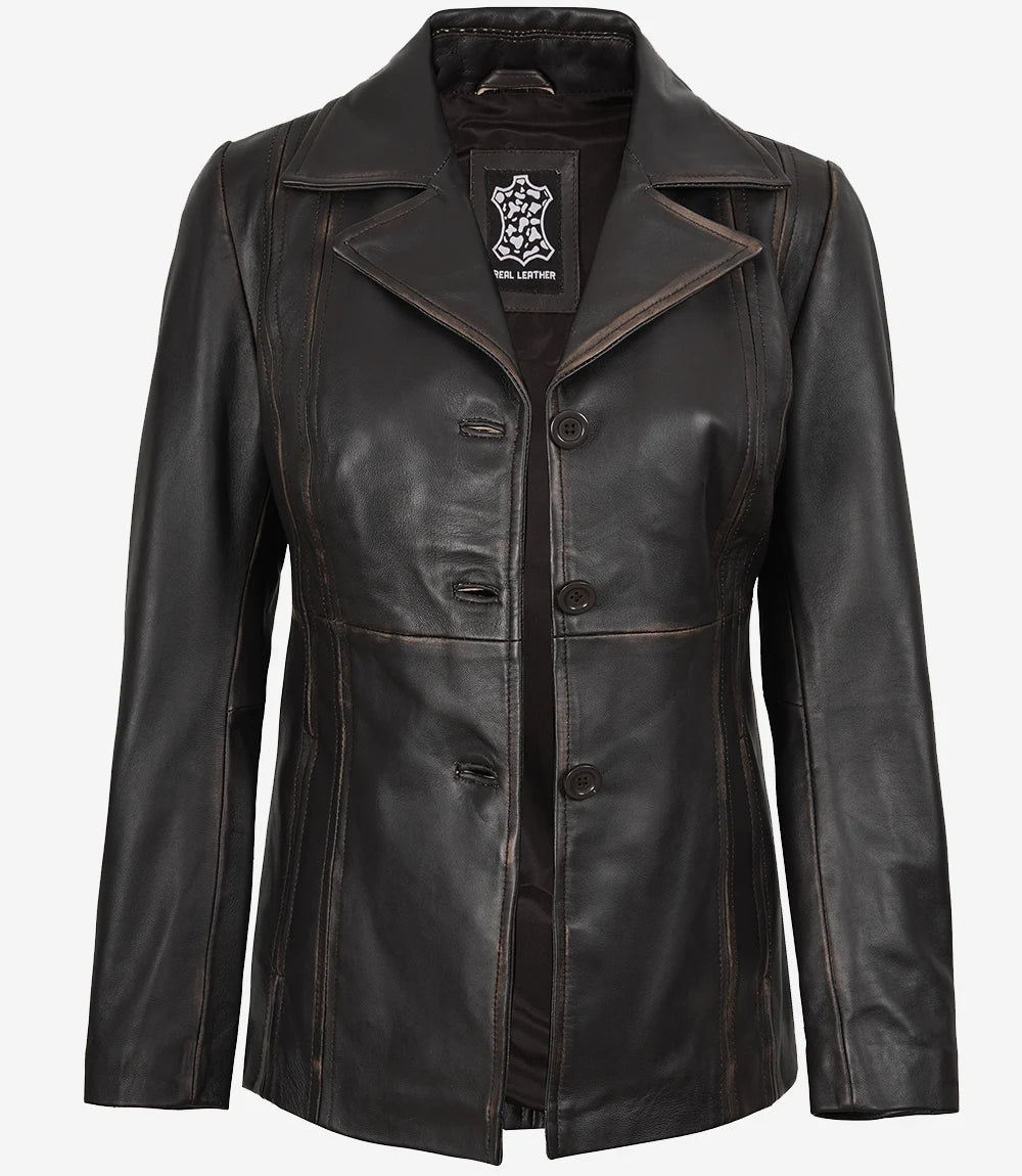 Women's Three Button Distressed Brown Leather Blazer
