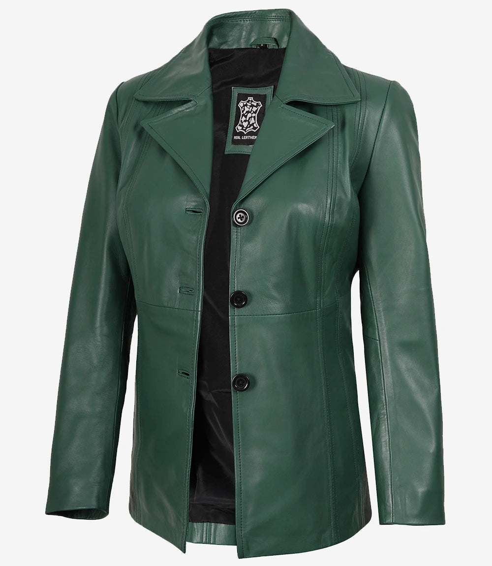 Womens Three Button Green Leather Blazer
