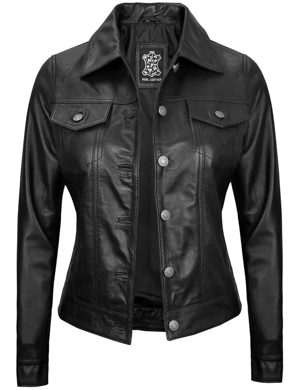 Fernando Women's Black Leather Trucker Jacket