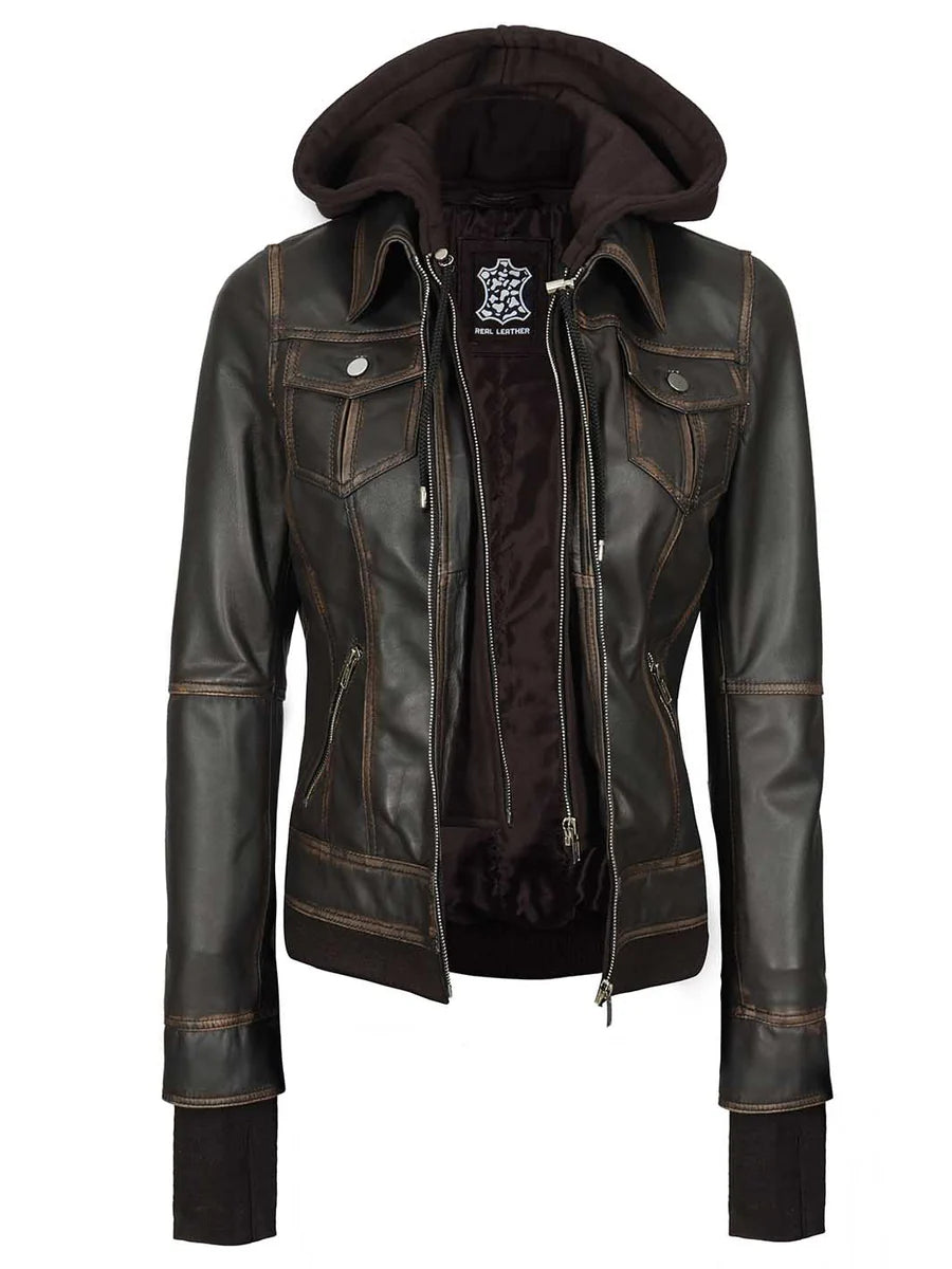 Tralee Women Dark Brown Bomber Leather Jacket With Removable Hood