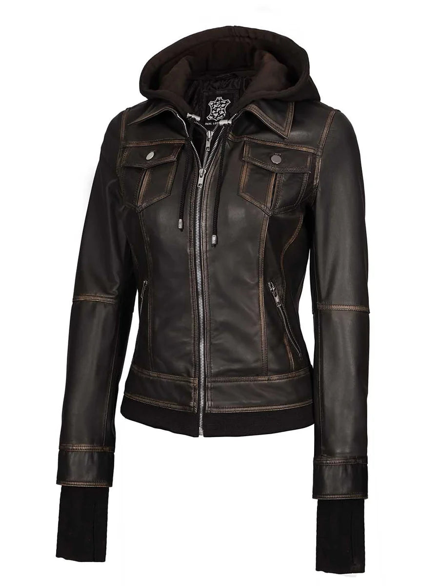 Tralee Women Dark Brown Bomber Leather Jacket With Removable Hood