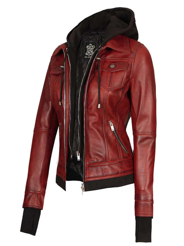 Tralee Women's Maroon Bomber Leather Jacket with Hood