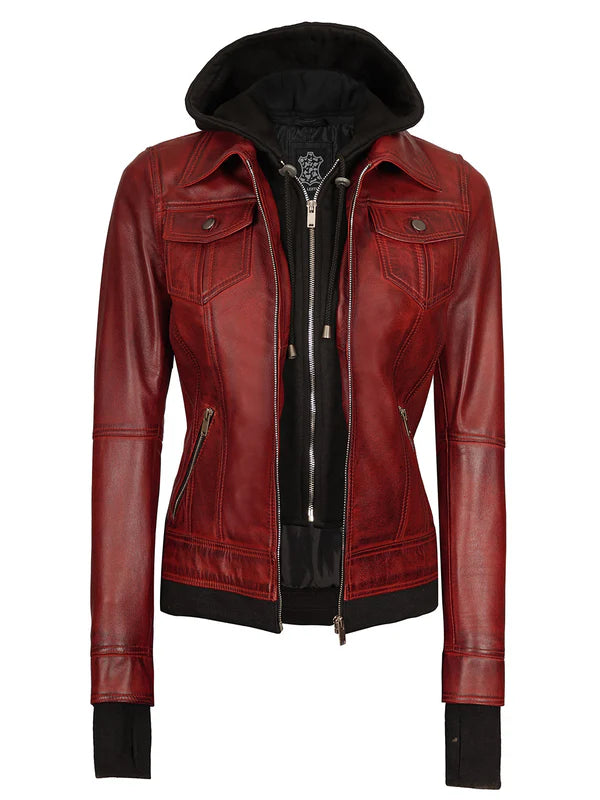 Tralee Women's Maroon Bomber Leather Jacket with Hood