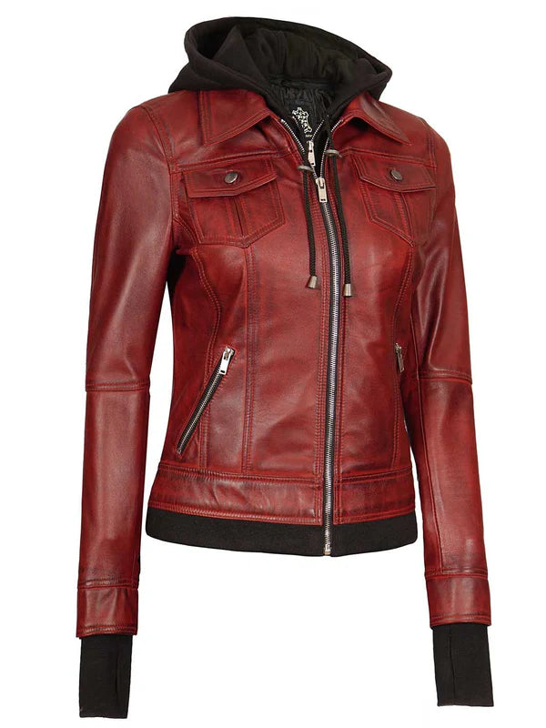 Tralee Women's Maroon Bomber Leather Jacket with Hood
