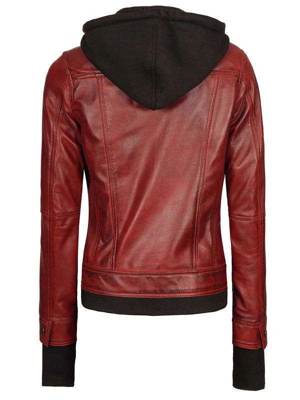Tralee Women's Maroon Bomber Leather Jacket with Hood