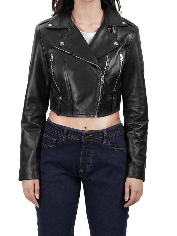 Colleen Women’s Cropped Black Biker Style Leather Jacket