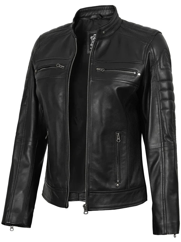 Austin Women's Black Cafe Racer Style Leather Jacket