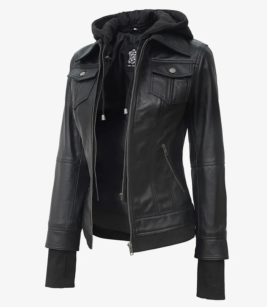 Tralee Women's Black Hooded Leather Jacket