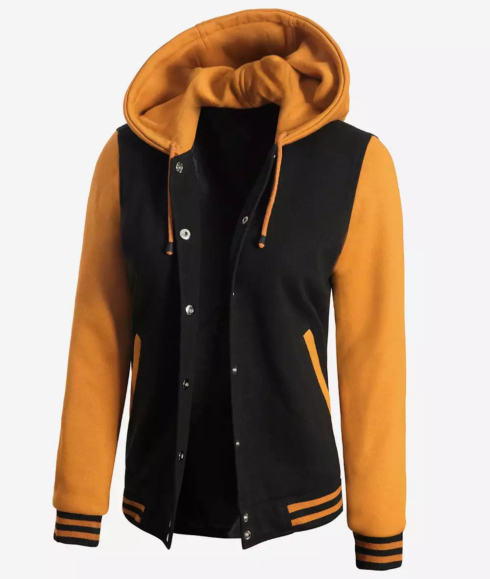 Women’s Black and Yellow Varsity Jacket – Hooded Letterman Bomber