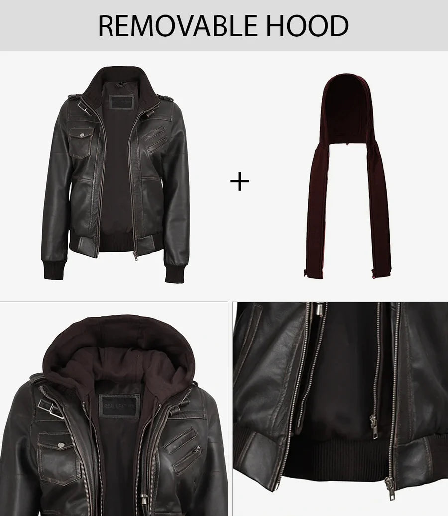 Women's Dark Brown Rub Off Leather Jacket with Removable Hood