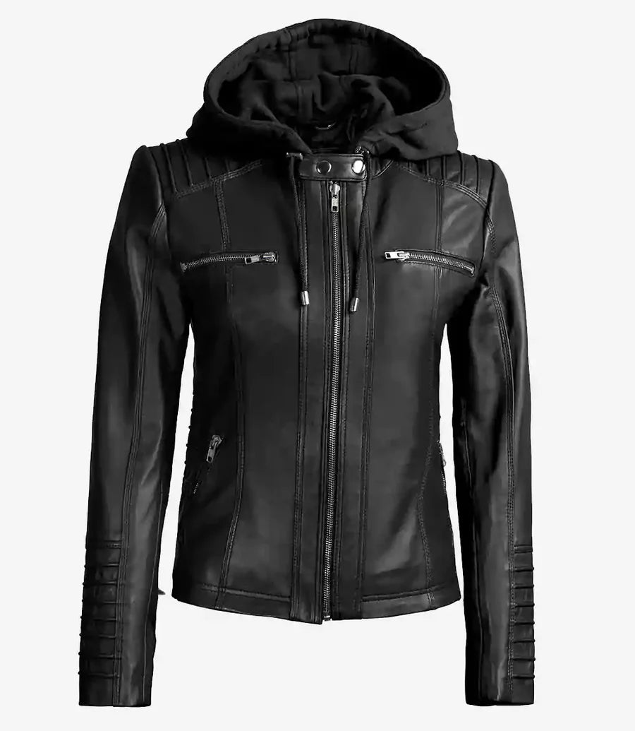 Women's Black Leather Jacket With Removable Hood