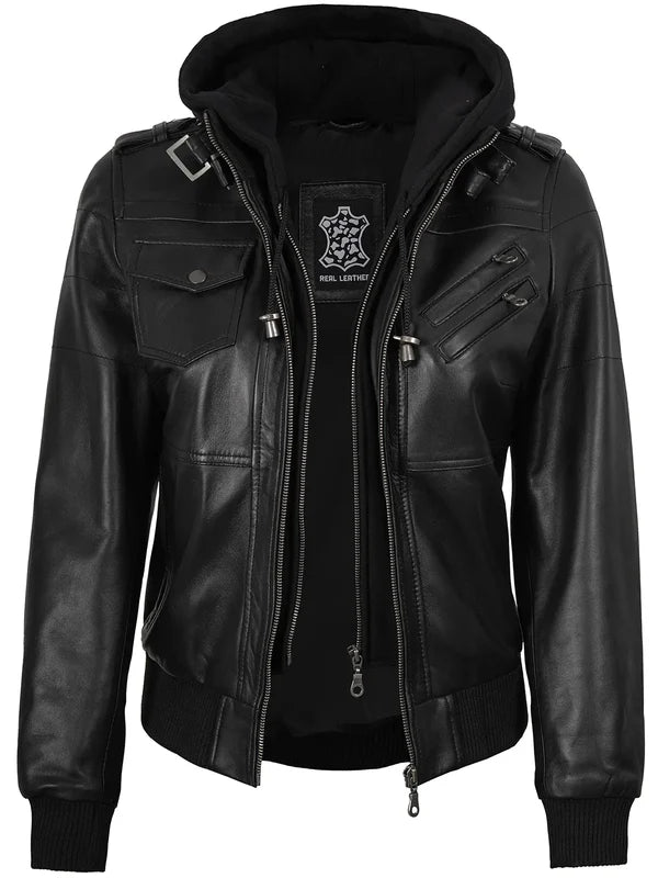 Edinburgh Women's Bomber Black Leather Jacket with Removable Hood
