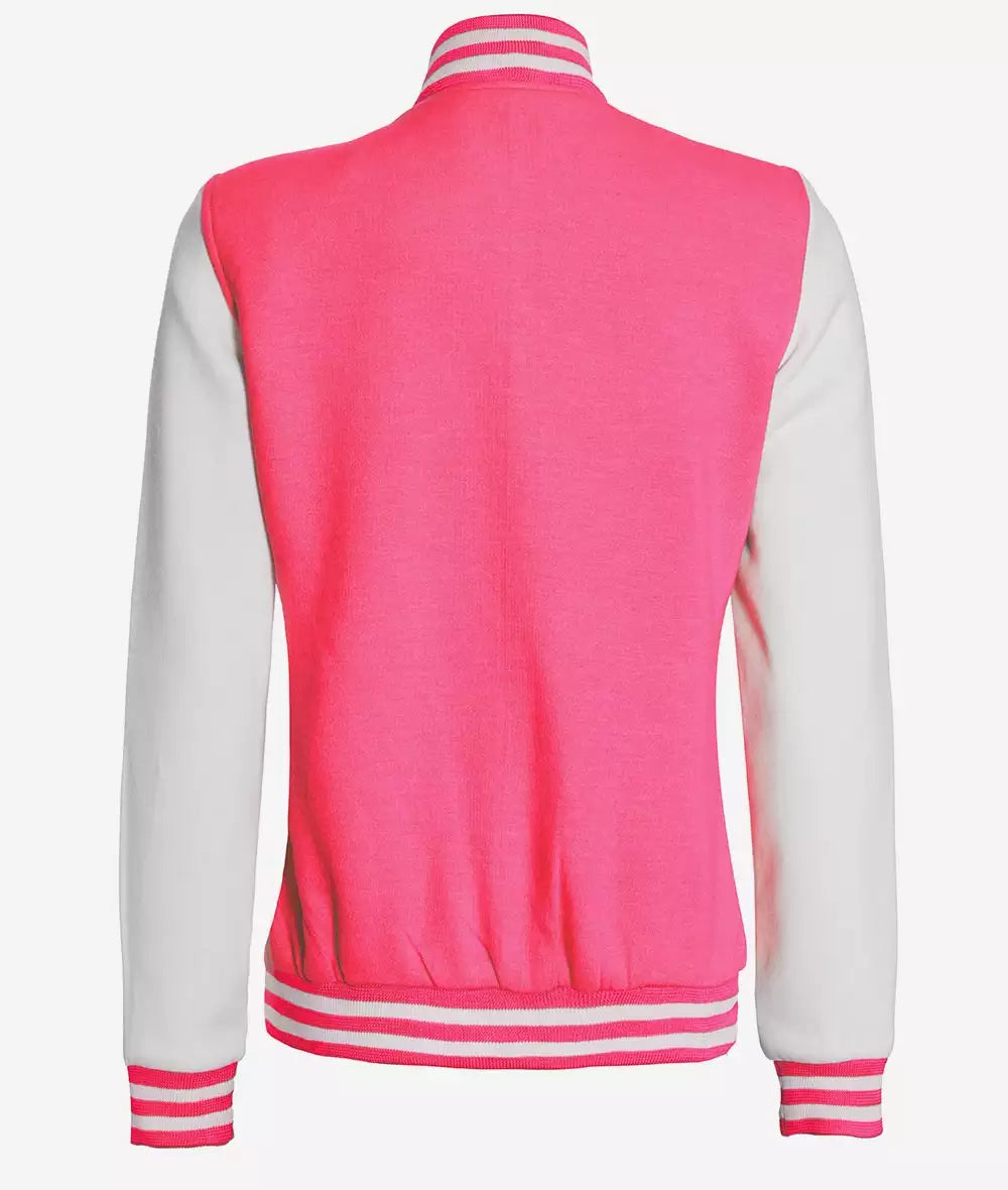 Women's Pink and White Varsity Baseball Jacket - Bomber Style