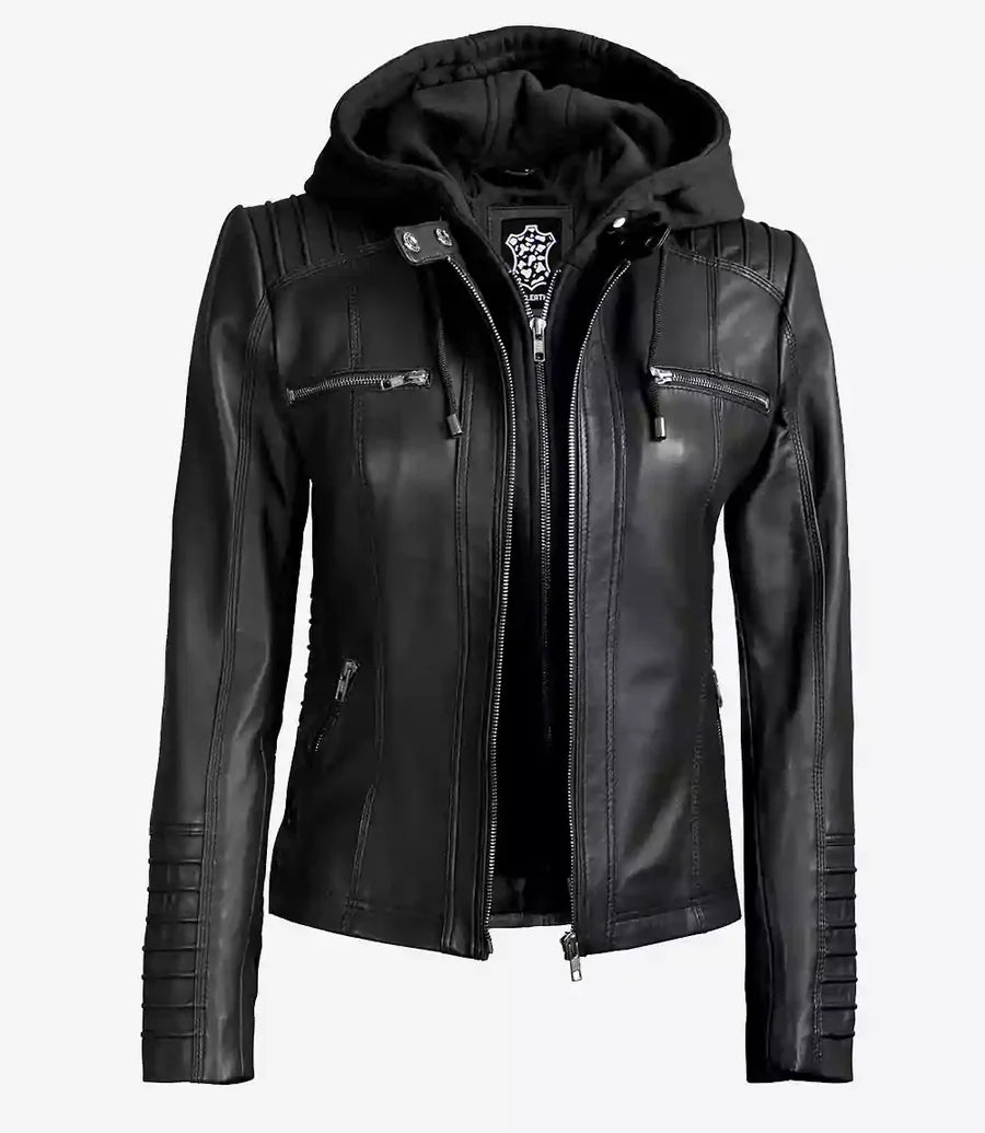 Women's Black Leather Jacket With Removable Hood