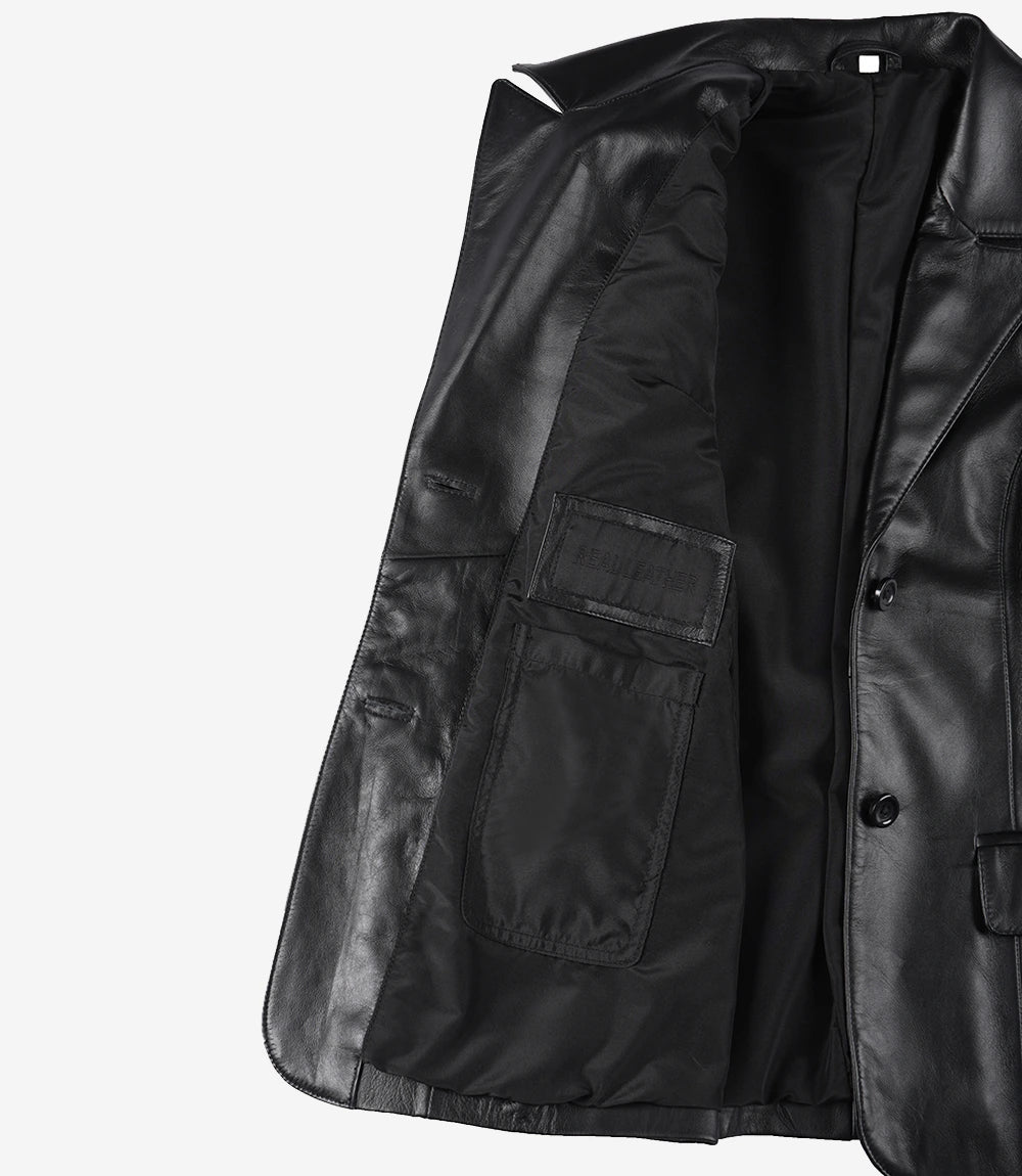 Women's Two Button Black Leather Blazer