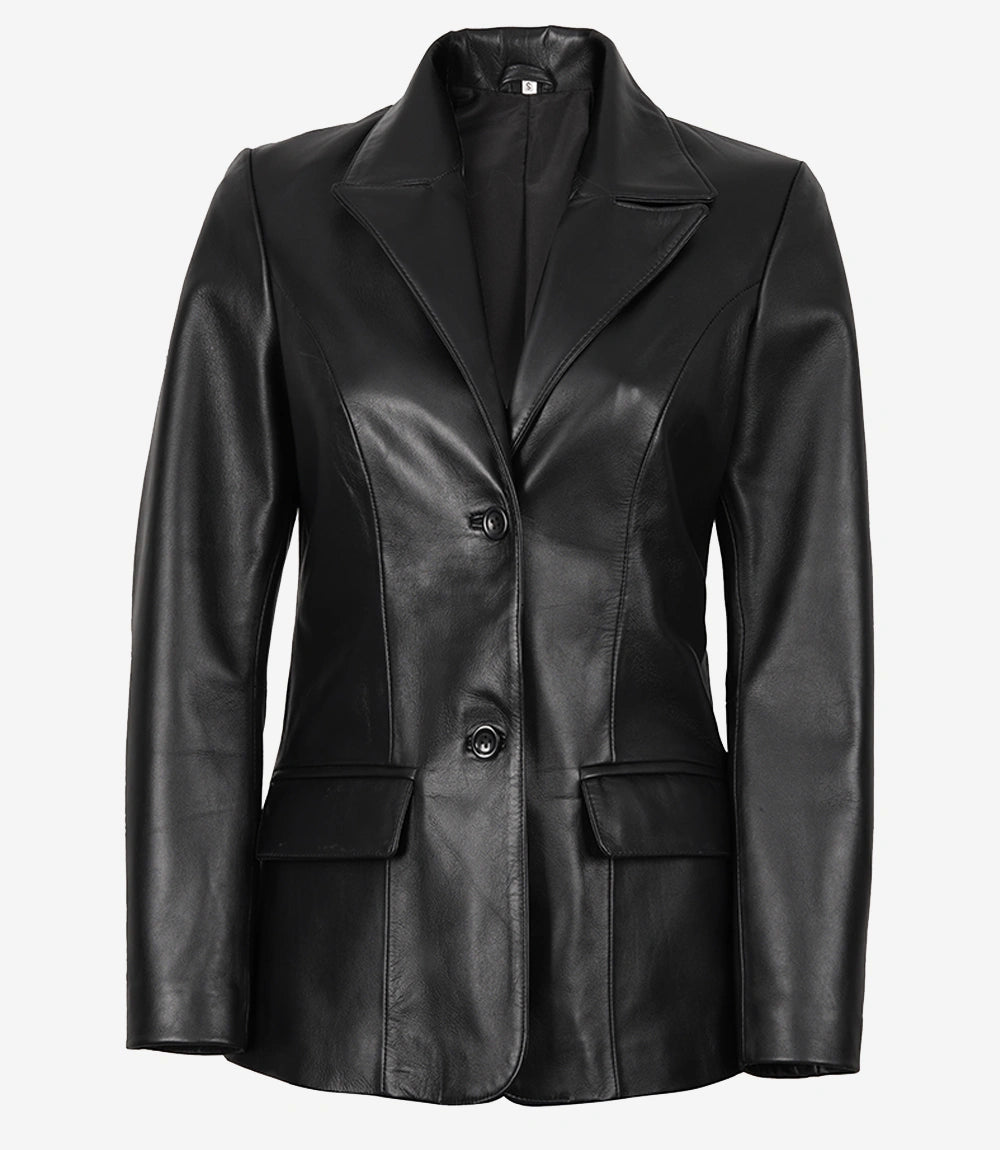 Women's Two Button Black Leather Blazer