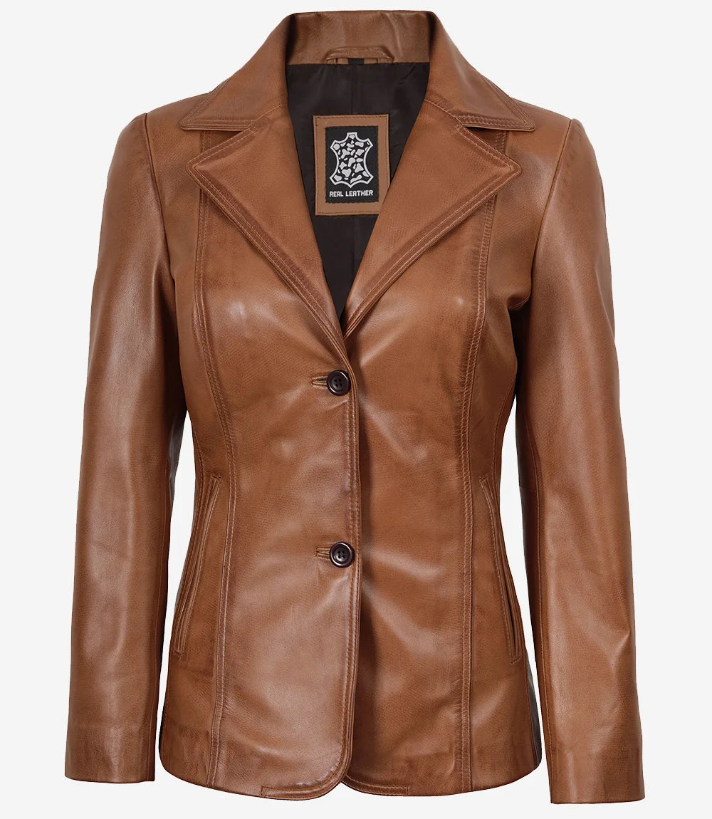 Womens Two Button Tan Leather Blazer - Notch Lapel