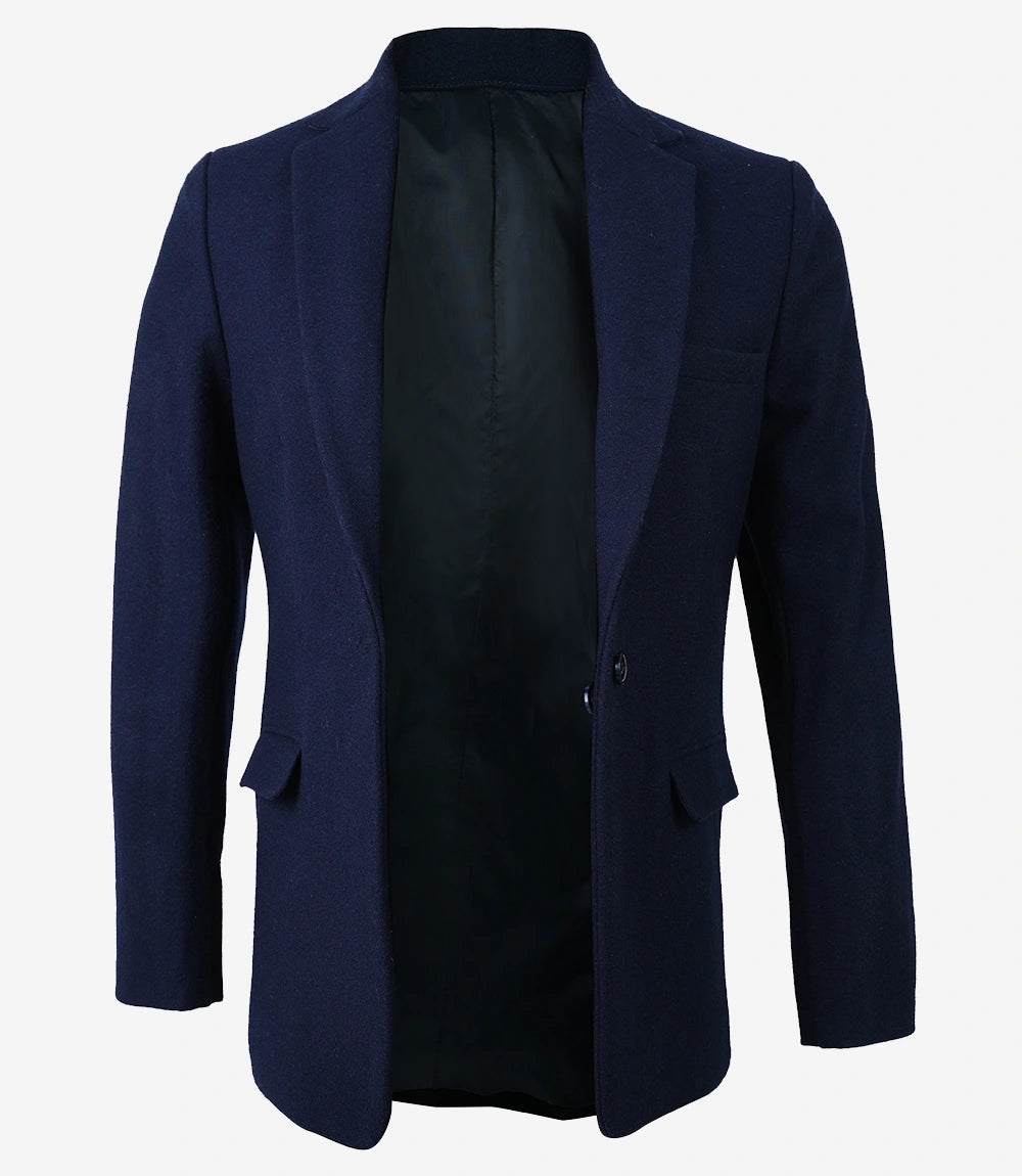 Women's Notch Lapel Navy Blue Wool Blazer - Single Button Closure