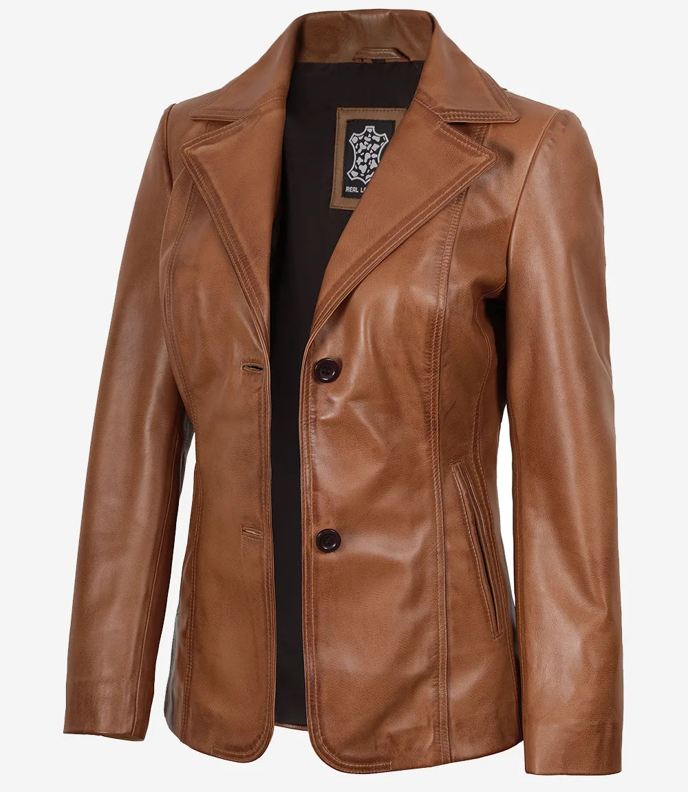 Womens Two Button Tan Leather Blazer - Notch Lapel