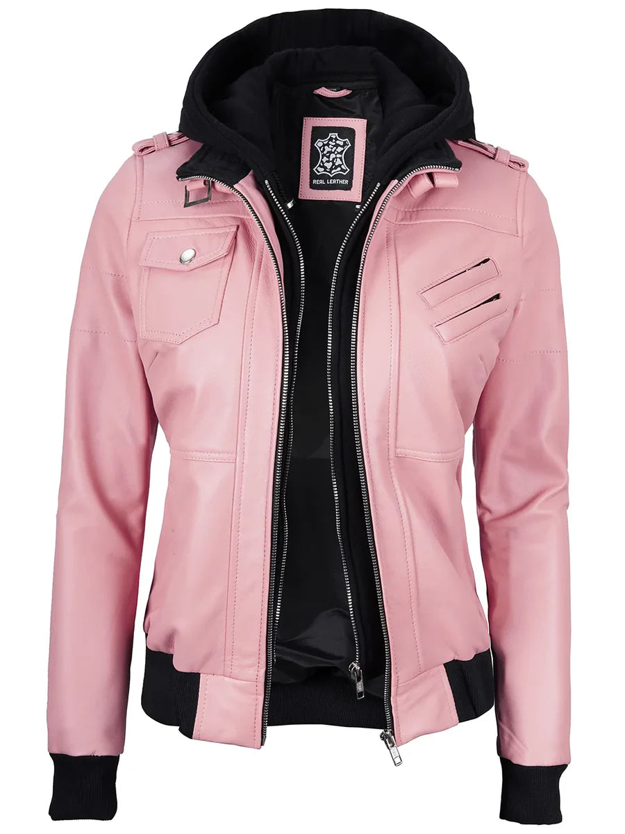 Women's Pink Leather Jacket with Removable Hood