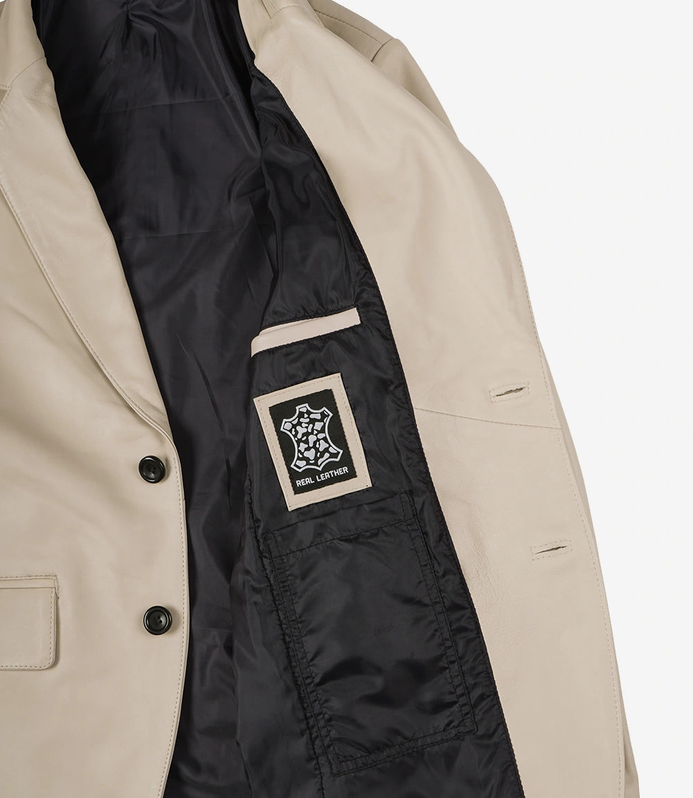 Mens Two Button Beige Leather Blazer - Notch Lapel