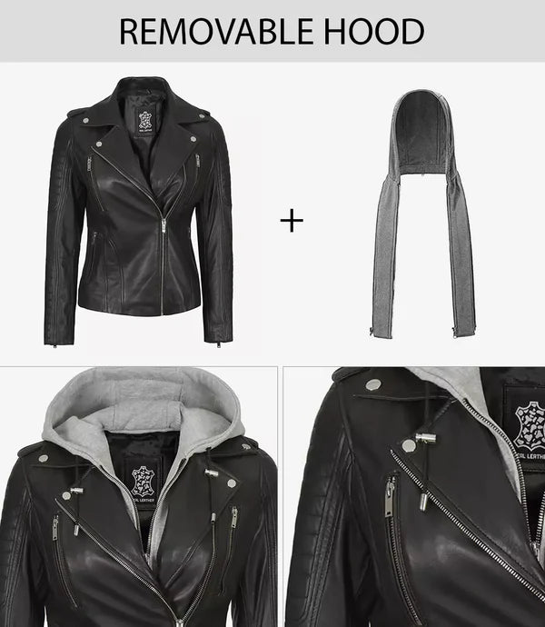 Womens Black Leather Biker Style Jacket With Removable Hood