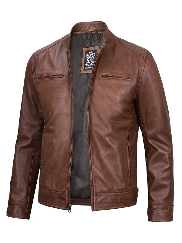 Dodge Men's Cognac Cafe Racer Leather Jacket