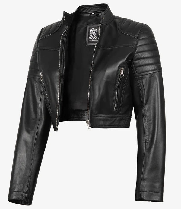 Women's Black Cropped Leather Biker Style Jacket