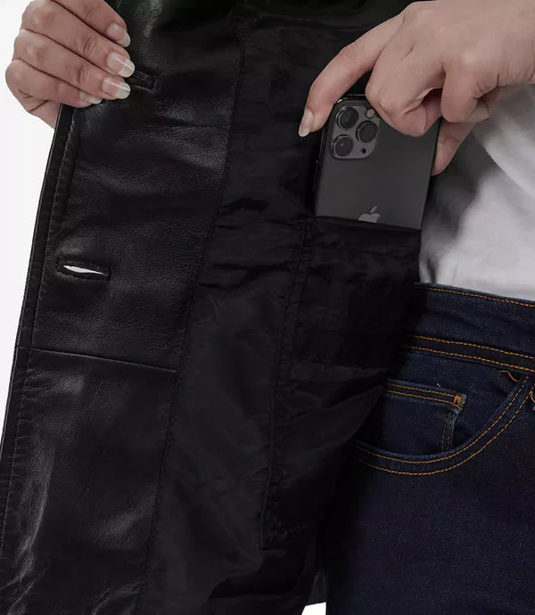 Womens Black Leather Blazer with Three Button