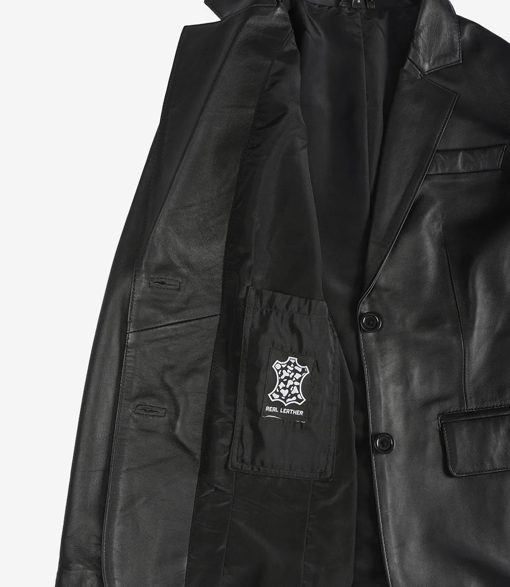 Womens Two Button Notch Lapel Black Leather Blazer Jacket