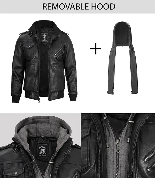 Men's Black Bomber Leather Jacket with Removable Hood