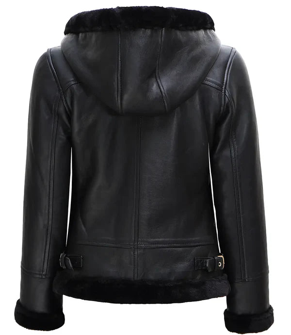 Womens Black Leather Hooded Shearling Jacket