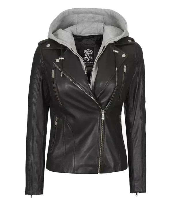 Womens Black Leather Biker Style Jacket With Removable Hood