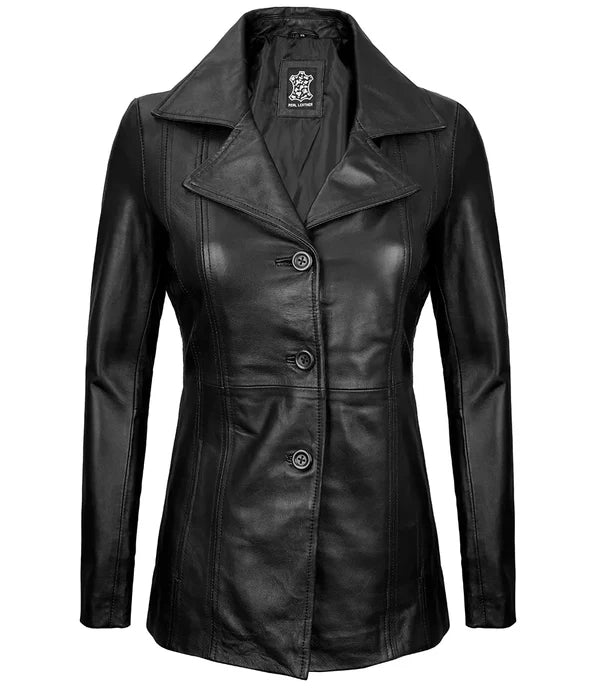 Womens Black Leather Blazer with Three Button