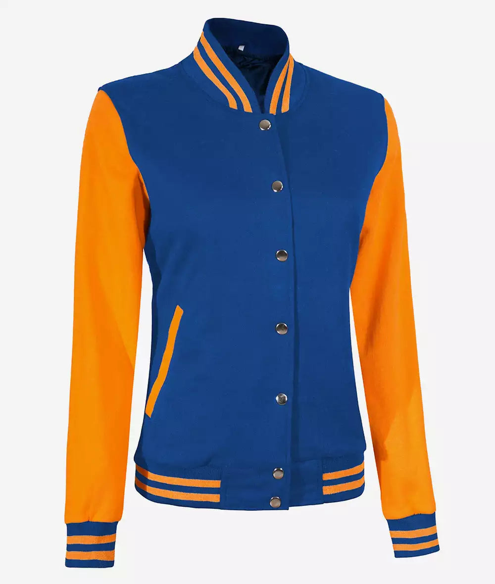 Women’s Yellow and Royal Blue Varsity Jacket – Baseball Style Bomber