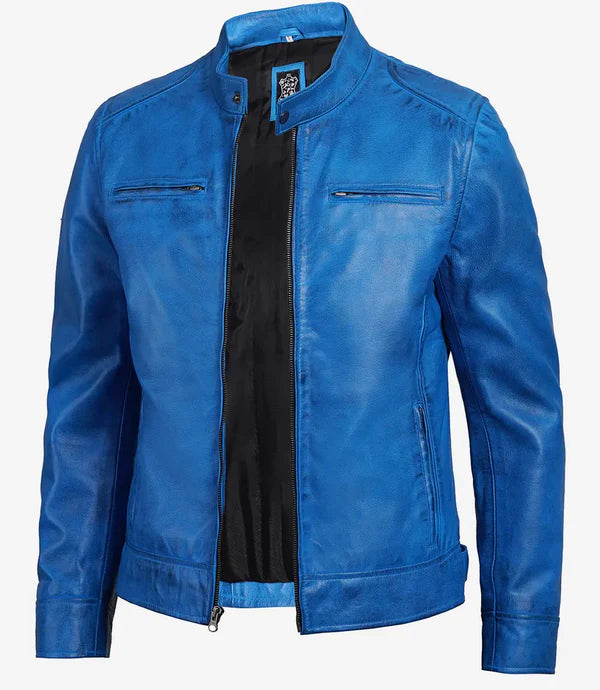 Dodge Men's Cafe Racer Blue Leather Jacket