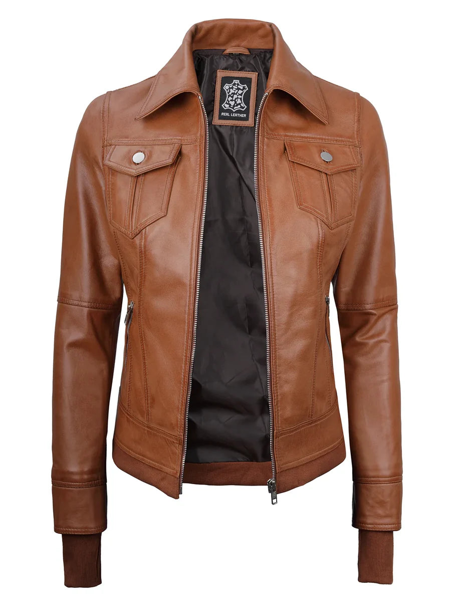Tralee Womens Tan Wax Bomber Leather Jacket With Removable Hood