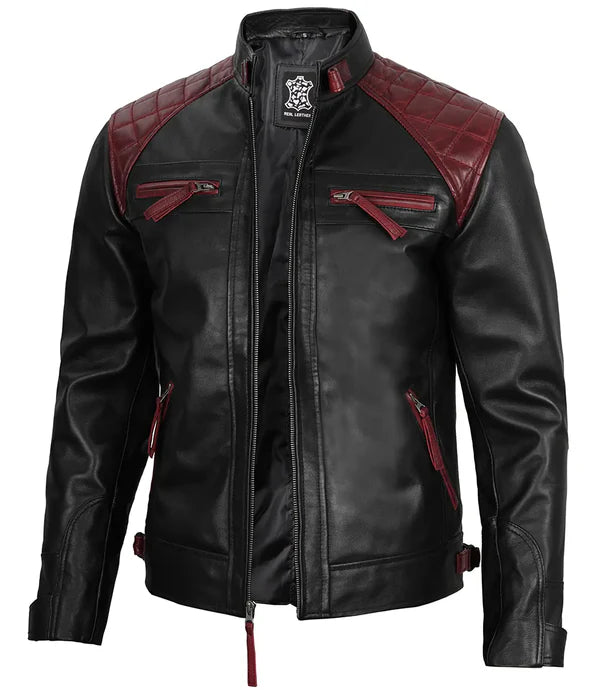 Rollins Men's Black and Burgundy Quilted Biker Style Jacket