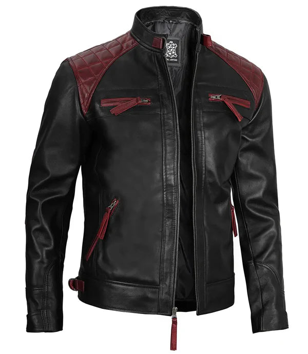 Rollins Men's Black and Burgundy Quilted Biker Style Jacket