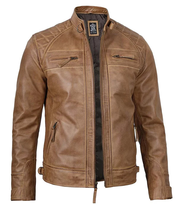 Men's Waxed Camel Brown Cafe Racer Leather Jacket