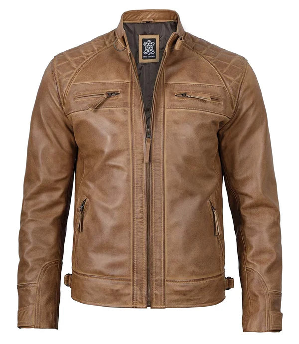 Men's Waxed Camel Brown Cafe Racer Leather Jacket