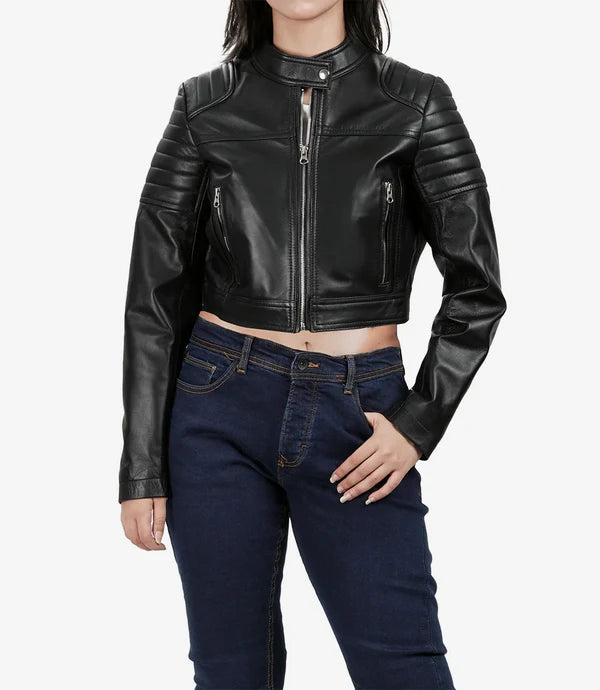 Women's Black Cropped Leather Biker Style Jacket