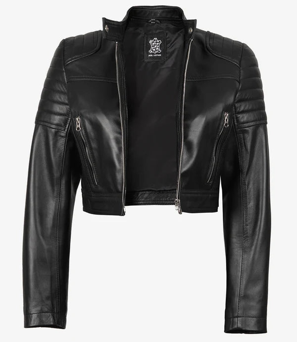 Women's Black Cropped Leather Biker Style Jacket